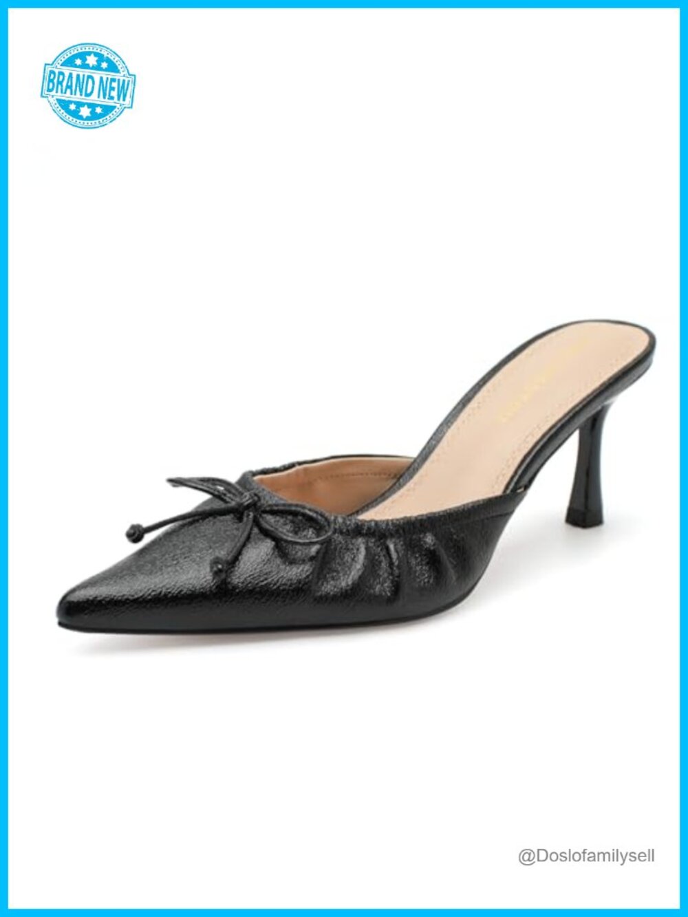 Faux Leather Bow Mule Heels Pointed Toe Kitten Heel Slip On Pumps
